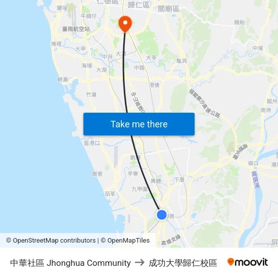 中華社區 Jhonghua Community to 成功大學歸仁校區 map