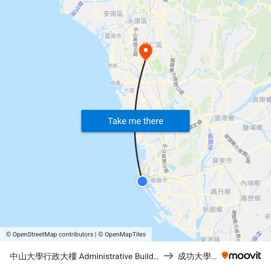中山大學行政大樓 Administrative Building Of Sun Yat-Sen University to 成功大學歸仁校區 map