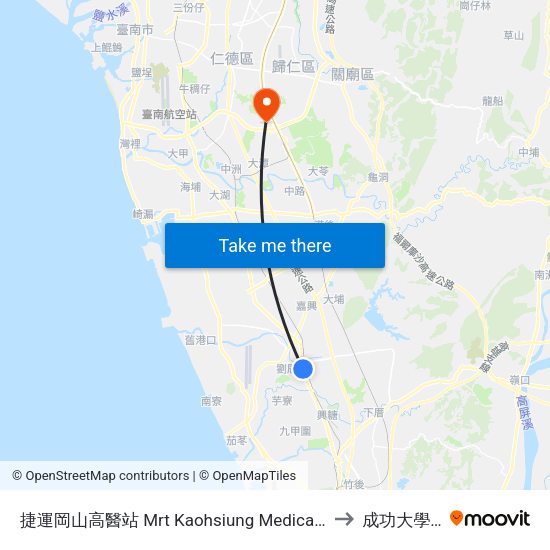 捷運岡山高醫站 Mrt Kaohsiung Medical University Gangshan Hospital to 成功大學歸仁校區 map
