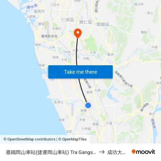 臺鐵岡山車站(捷運岡山車站) Tra Gangshan Station(Mrt Gangshan Station) to 成功大學歸仁校區 map