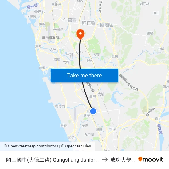岡山國中(大德二路) Gangshang Junior High School(Dade 2nd Rd.) to 成功大學歸仁校區 map