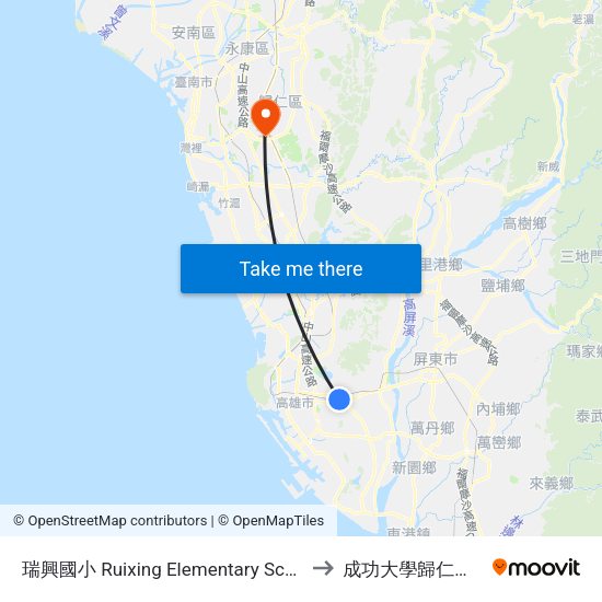 瑞興國小 Ruixing Elementary School to 成功大學歸仁校區 map