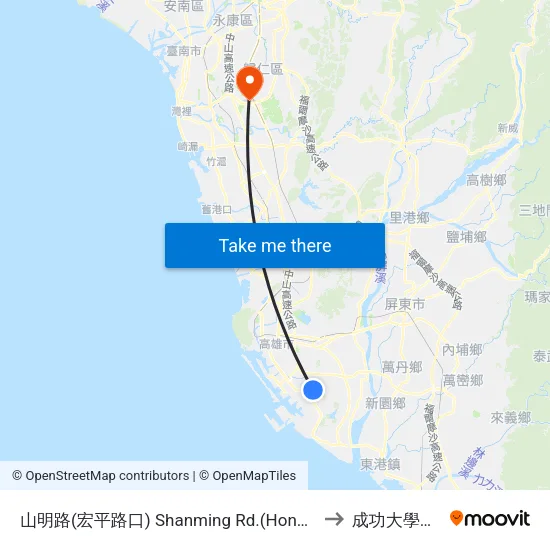 山明路(宏平路口) Shanming Rd.(Hongping Rd. Intersection) to 成功大學歸仁校區 map