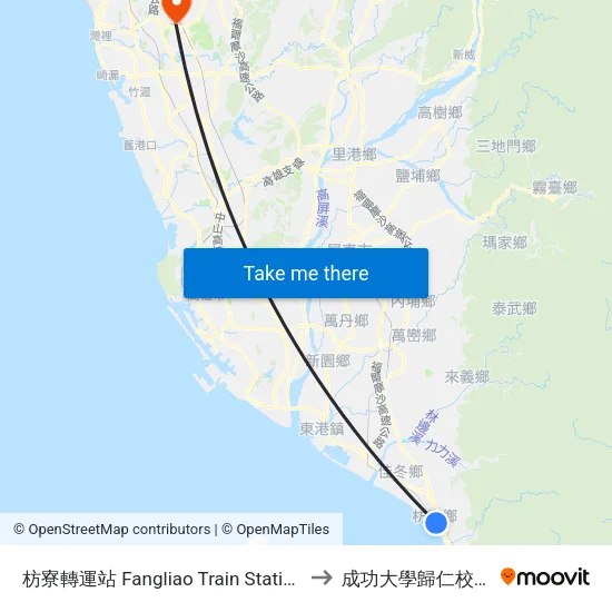 枋寮轉運站 Fangliao Train Station to 成功大學歸仁校區 map