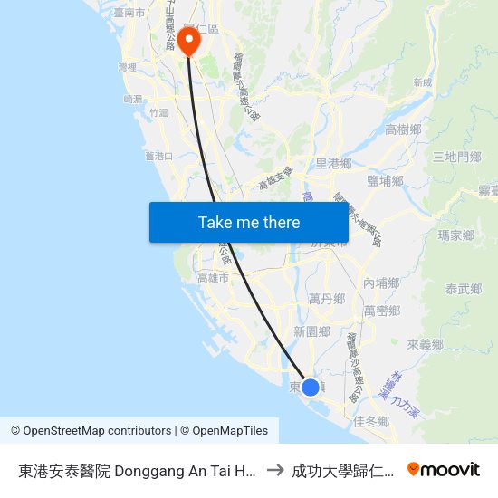 東港安泰醫院 Donggang An Tai Hospital to 成功大學歸仁校區 map