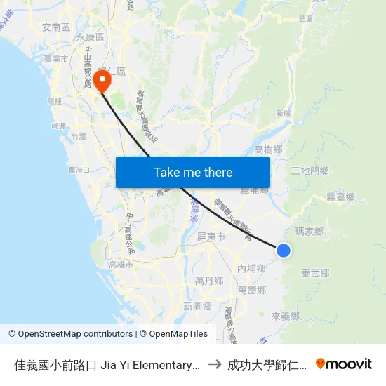 佳義國小前路口 Jia Yi Elementary School to 成功大學歸仁校區 map