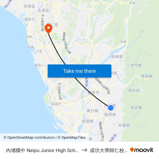 內埔國中 Neipu Junior High School to 成功大學歸仁校區 map