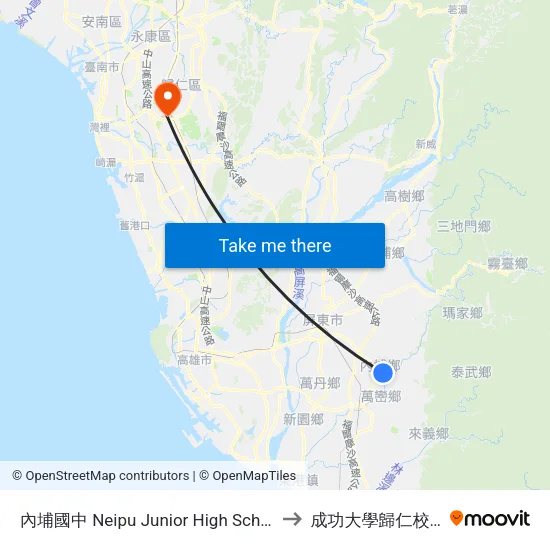 內埔國中 Neipu Junior High School to 成功大學歸仁校區 map