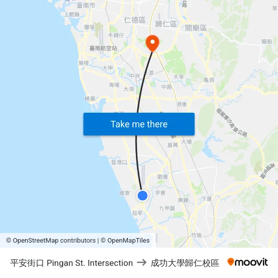 平安街口 Pingan St. Intersection to 成功大學歸仁校區 map