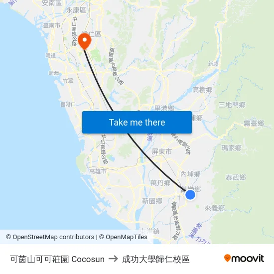 可茵山可可莊園 Cocosun to 成功大學歸仁校區 map