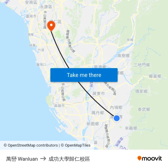 萬巒 Wanluan to 成功大學歸仁校區 map