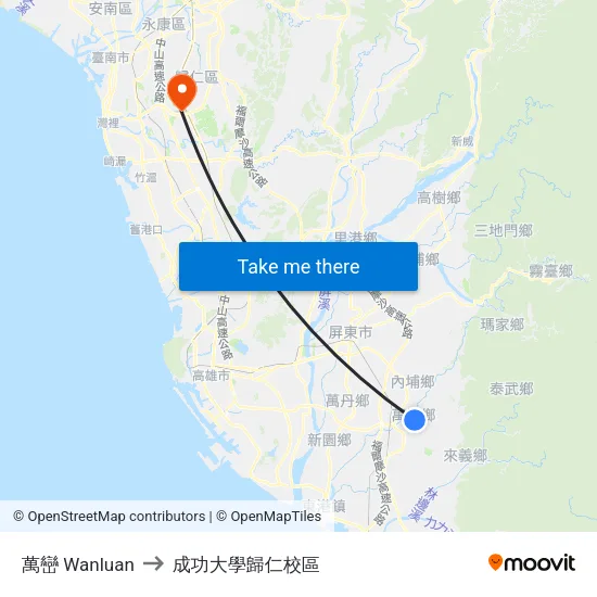 萬巒 Wanluan to 成功大學歸仁校區 map