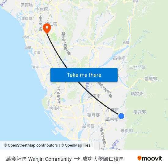 萬金社區 Wanjin Community to 成功大學歸仁校區 map