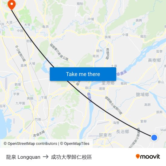 龍泉 Longquan to 成功大學歸仁校區 map