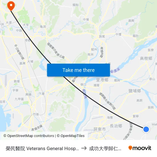 榮民醫院 Veterans General Hospital to 成功大學歸仁校區 map