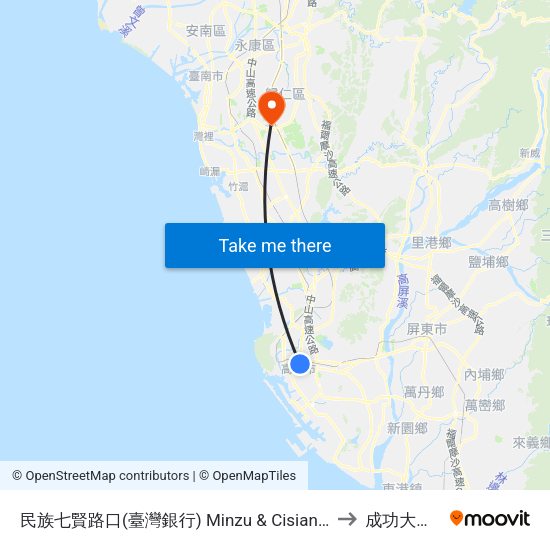 民族七賢路口(臺灣銀行) Minzu & Cisian Rd. Intersection(Bank Of Taiwan) to 成功大學歸仁校區 map