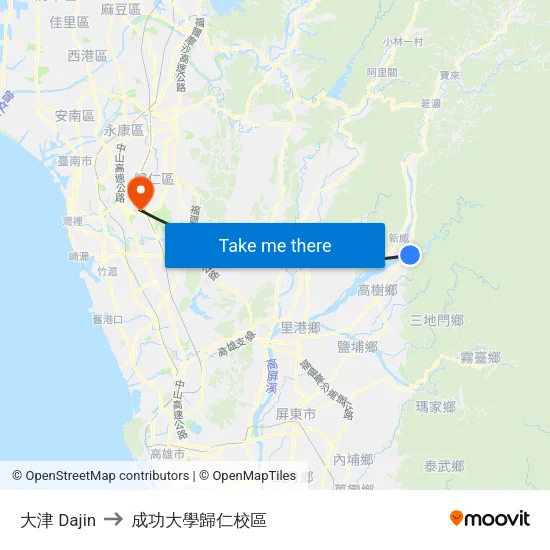大津 Dajin to 成功大學歸仁校區 map