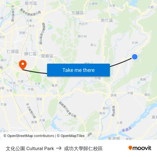 文化公園 Cultural Park to 成功大學歸仁校區 map