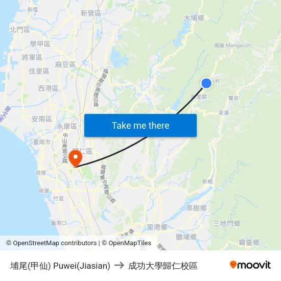 埔尾(甲仙) Puwei(Jiasian) to 成功大學歸仁校區 map
