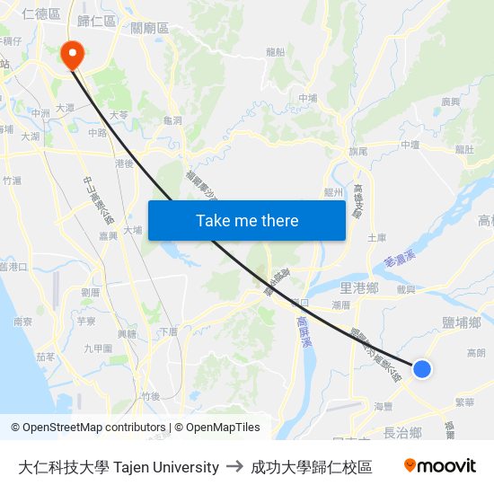 大仁科技大學 Tajen University to 成功大學歸仁校區 map