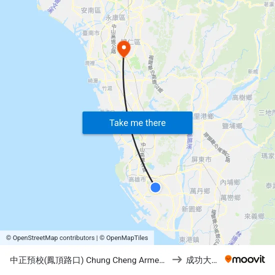 中正預校(鳳頂路口) Chung Cheng Armed Forces Prepartory School(Fongding Rd.) to 成功大學歸仁校區 map