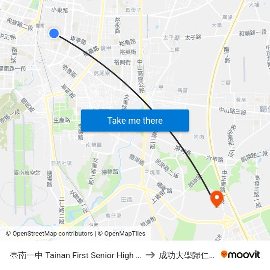 臺南一中 Tainan First Senior High School to 成功大學歸仁校區 map