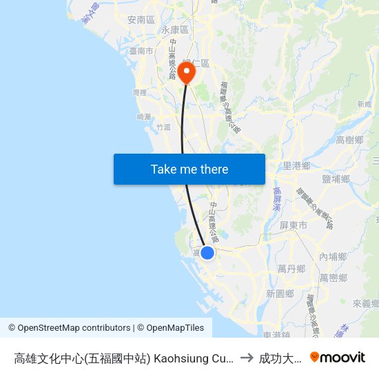 高雄文化中心(五福國中站) Kaohsiung Cultural Center(Wufu Junior High School Station) to 成功大學歸仁校區 map