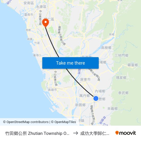 竹田鄉公所 Zhutian Township Office to 成功大學歸仁校區 map