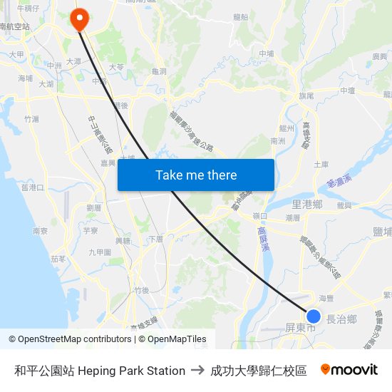 和平公園站 Heping Park Station to 成功大學歸仁校區 map