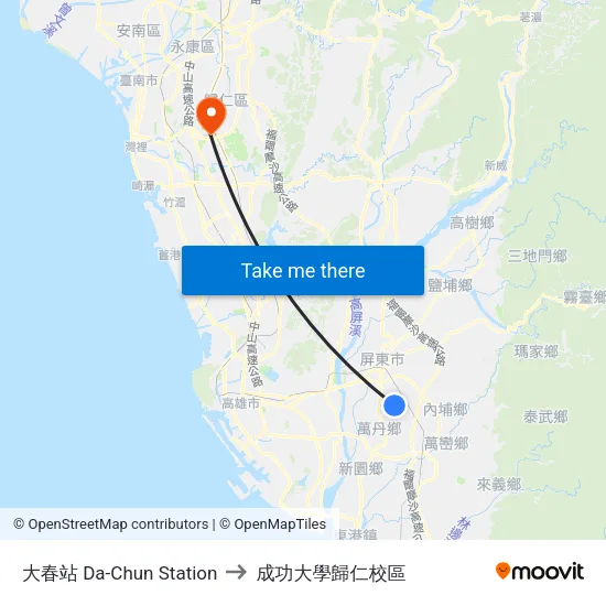 大春站 Da-Chun Station to 成功大學歸仁校區 map