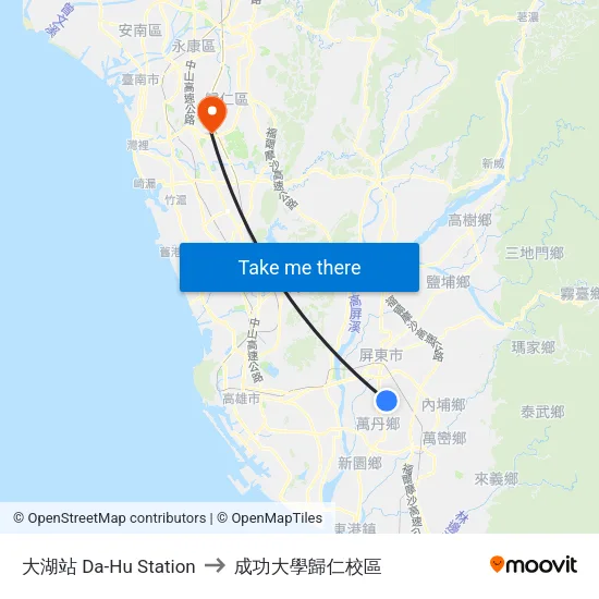大湖站 Da-Hu Station to 成功大學歸仁校區 map