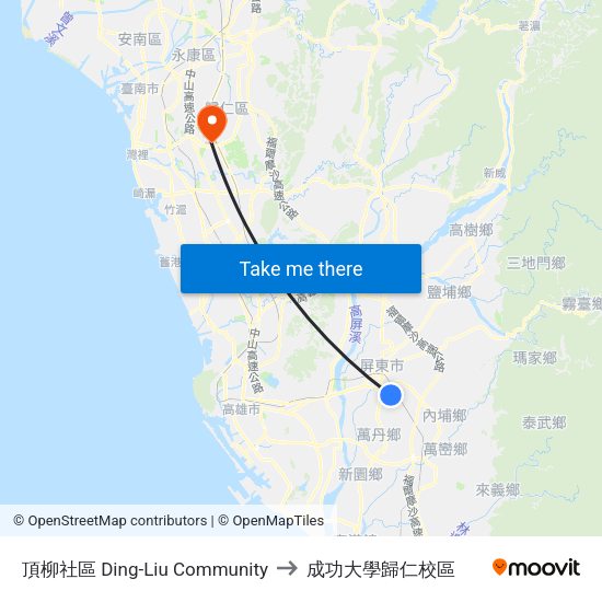 頂柳社區 Ding-Liu Community to 成功大學歸仁校區 map