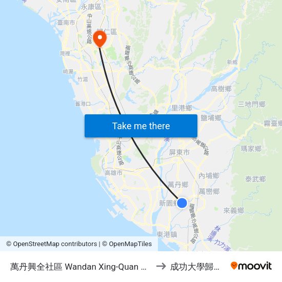 萬丹興全社區 Wandan Xing-Quan Community to 成功大學歸仁校區 map