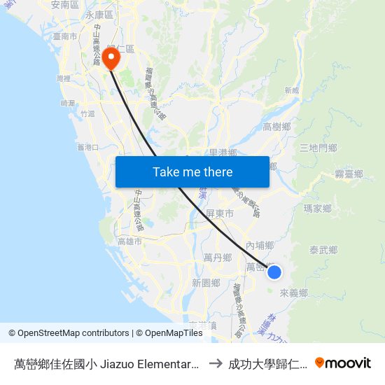 萬巒鄉佳佐國小 Jiazuo Elementary School to 成功大學歸仁校區 map