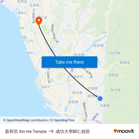 新和宮 Xin-He Temple to 成功大學歸仁校區 map