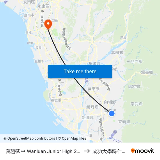 萬巒國中 Wanluan Junior High School to 成功大學歸仁校區 map