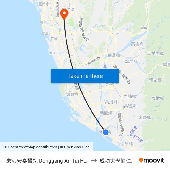 東港安泰醫院 Donggang An-Tai Hospital to 成功大學歸仁校區 map