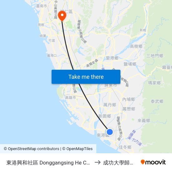 東港興和社區 Donggangsing He Community to 成功大學歸仁校區 map