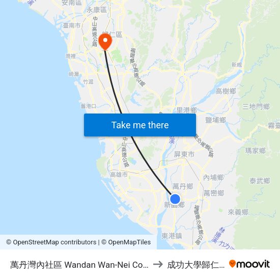 萬丹灣內社區 Wandan Wan-Nei Community to 成功大學歸仁校區 map