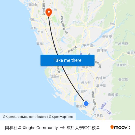 興和社區 Xinghe Community to 成功大學歸仁校區 map