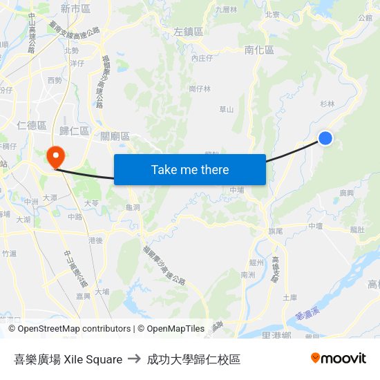 喜樂廣場 Xile Square to 成功大學歸仁校區 map