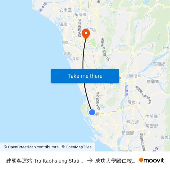 建國客運站 Tra Kaohsiung Station to 成功大學歸仁校區 map