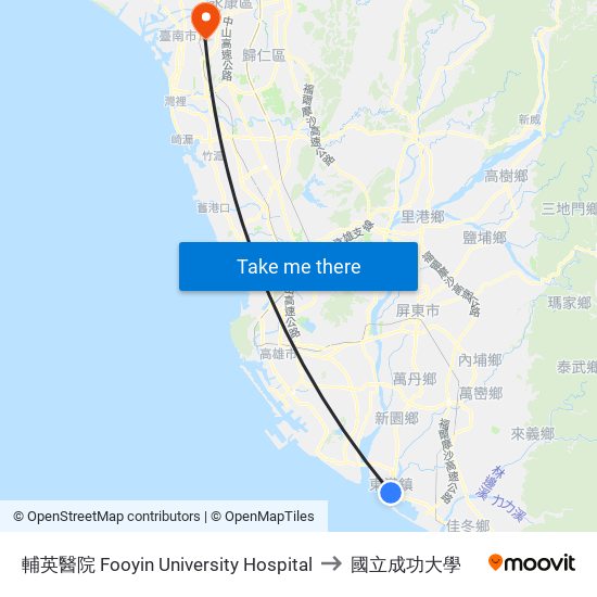 輔英醫院 Fooyin University Hospital to 國立成功大學 map