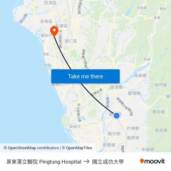 屏東署立醫院 Pingtung Hospital to 國立成功大學 map