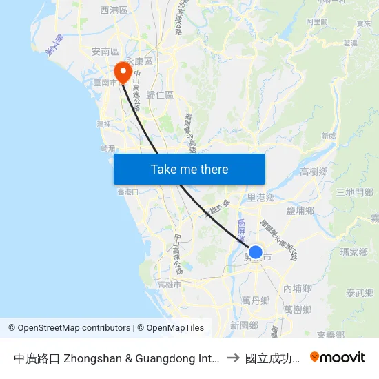 中廣路口 Zhongshan & Guangdong Intersection to 國立成功大學 map