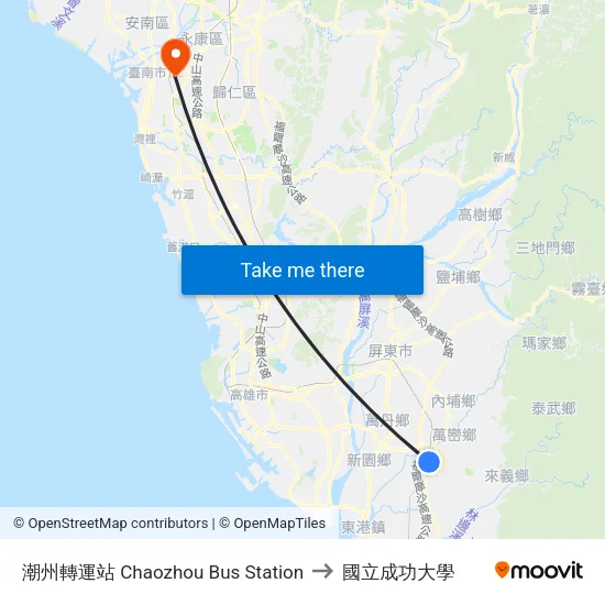 潮州轉運站 Chaozhou Bus Station to 國立成功大學 map
