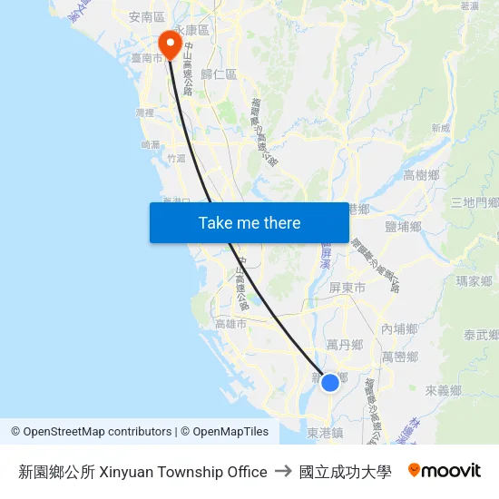 新園鄉公所 Xinyuan Township Office to 國立成功大學 map