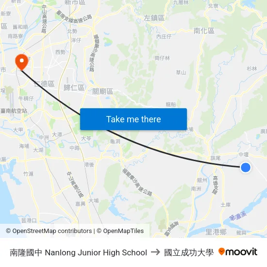 南隆國中 Nanlong Junior High School to 國立成功大學 map