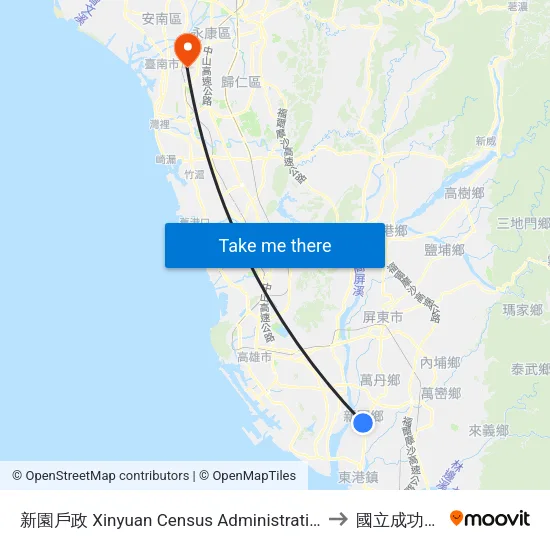 新園戶政 Xinyuan Census Administration Office to 國立成功大學 map