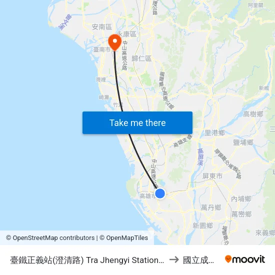 臺鐵正義站(澄清路) Tra Jhengyi Station(Chengcing Rd.) to 國立成功大學 map
